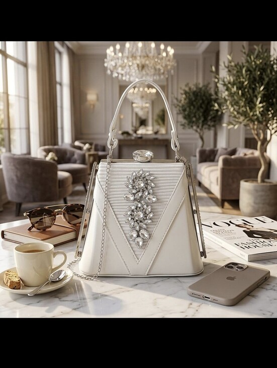 La Marey Handbags - LA MAREY White Faux Leather Clutch/ Convertible Xbody Rhinestones